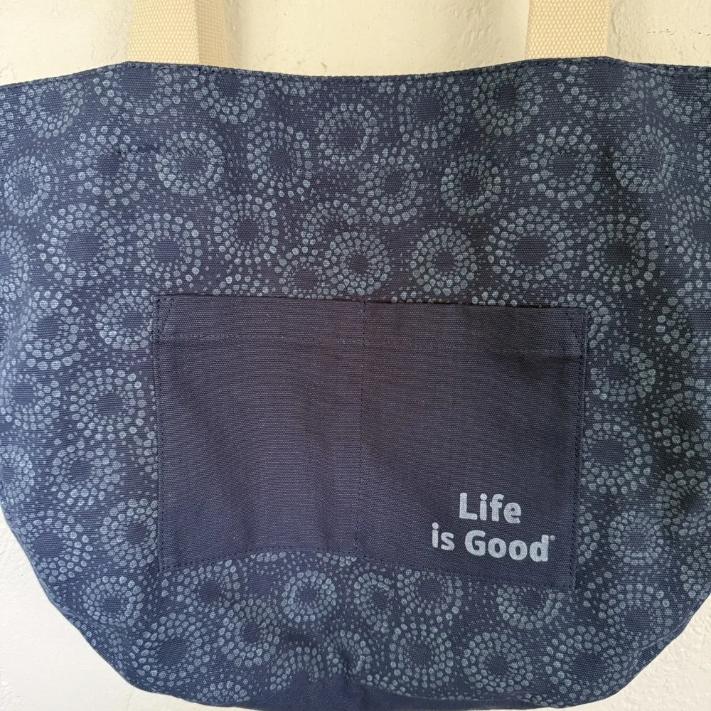 Life Is Good Navy Flower Print Cotton Canvas‎ Pockets Shoulder Tote Bag NWOT